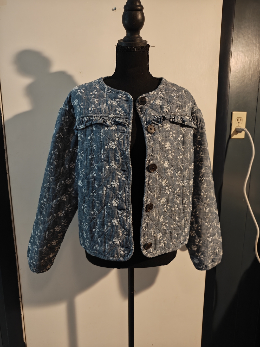 Embroidered Quilted Denim Jacket - Blue